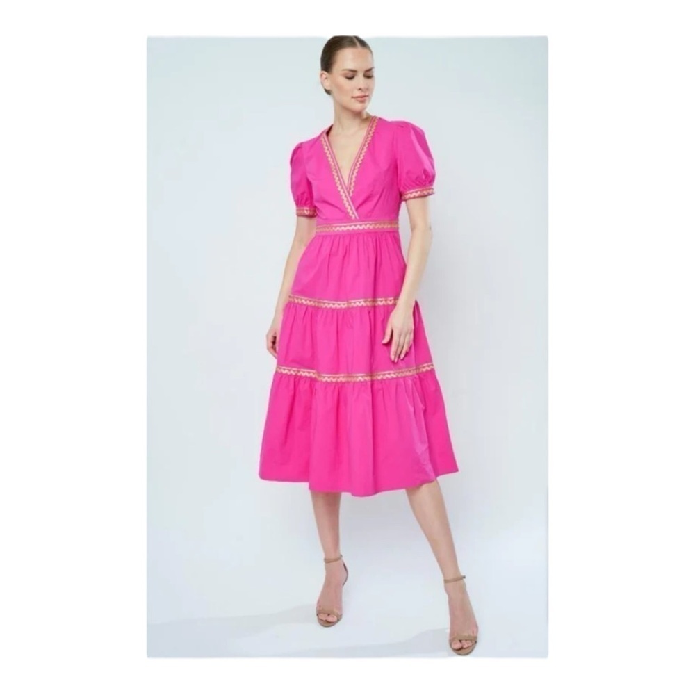 Flora Bea Nyc Azaria Midi Dress in Pink Rick Rack NWT